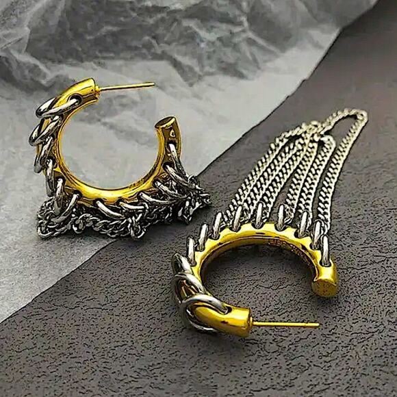 Two Tone Chain Hoop Link Earrings Gold and Silver Punk Retro Y2K - Picture 7 of 7